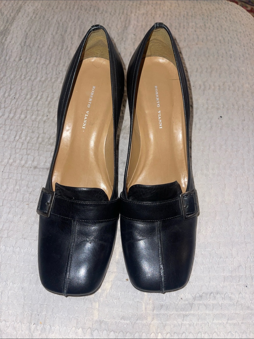 Roberto Vianni Black Leather Square-Toe Heels